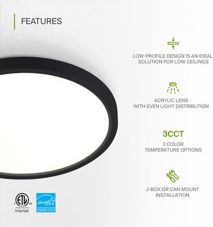 ASD Lighting LED Round Surface Mini Panel 9" 18W 120V CCT Selectable 3000/4000/5000K Dimmable Black ETL Energy Star 6pack