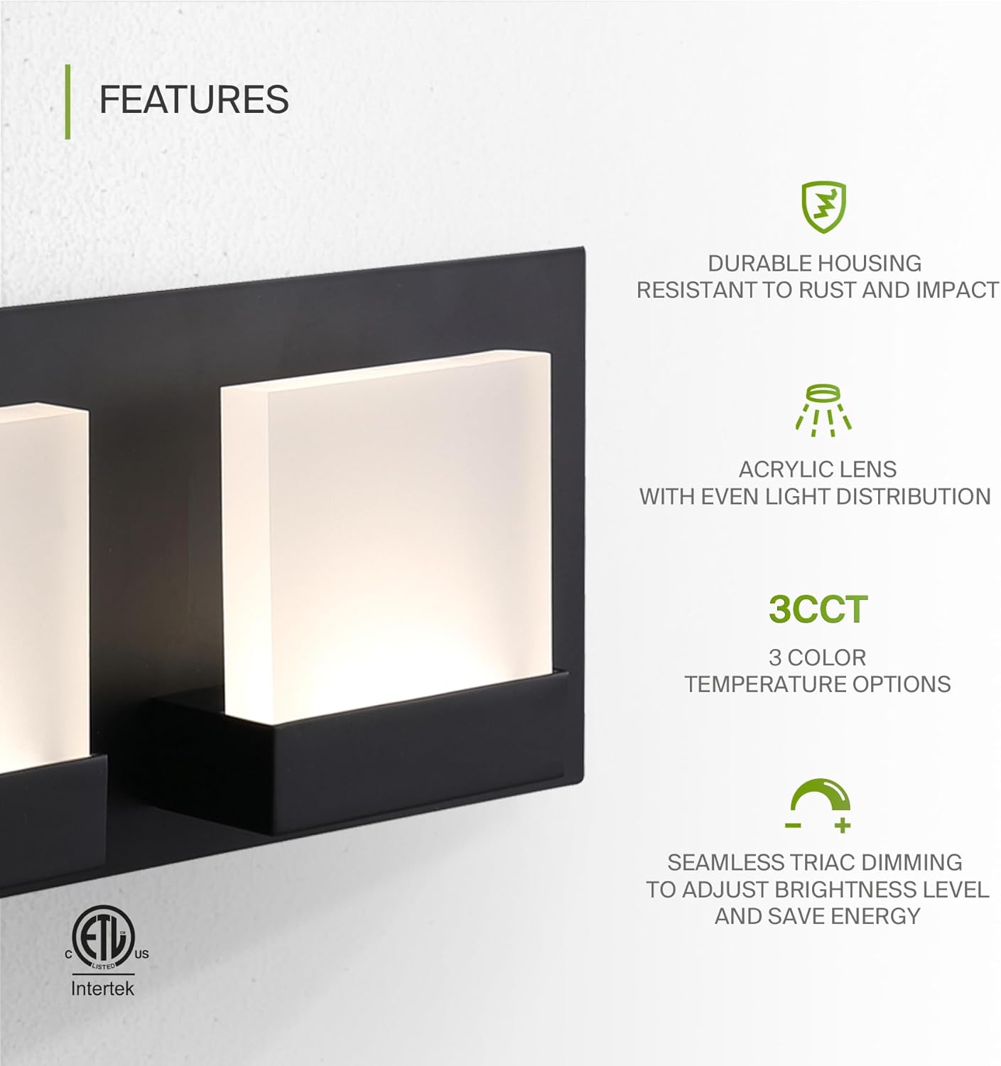 ASD Lighting LED Vanity 3-light 15W 120V CCT Selectable 3000/4000/5000K Dimmable Black ETL
