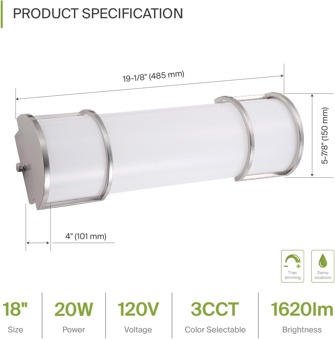 ASD Lighting LED Vanity linear 18inch 20W 120V Triac 3000/4000/5000K Nickel ETL