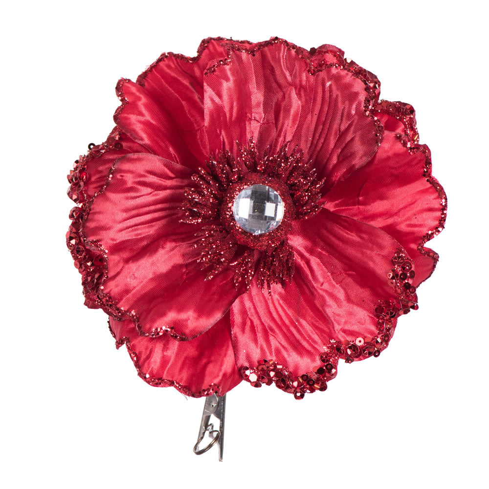 Vickerman 5" Artificial Red Polyester Wild Poppy Head with Sequin Glitter and Clip pack of 3