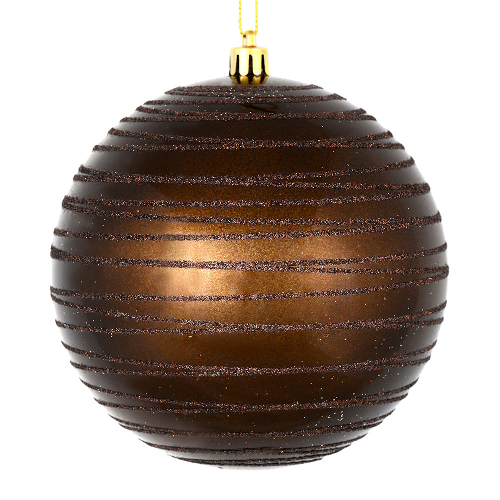 Vickerman 4.75" Chocolate Candy Finish Ball Ornament with Glitter Lines 4 per Bag