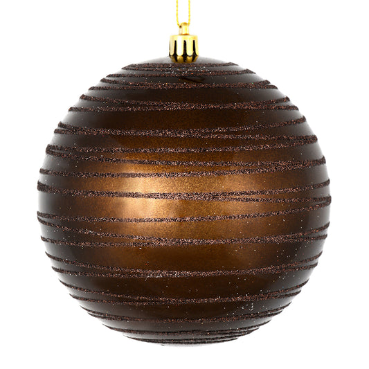 Vickerman 4.75" Chocolate Candy Finish Ball Ornament with Glitter Lines 4 per Bag