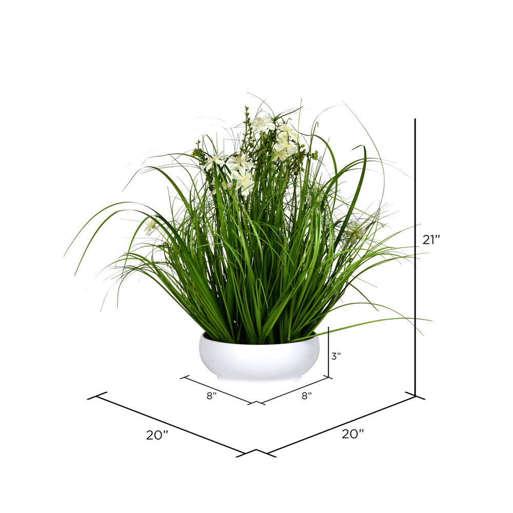 Vickerman 21" Artificial Potted Cream Cosmos and Green Grass.