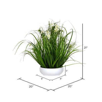 Vickerman 21" Artificial Potted Cream Cosmos and Green Grass.