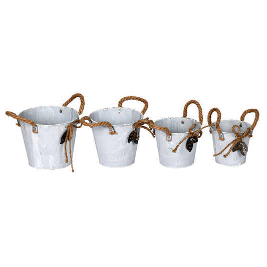 Vickerman 5-8" Tin Containers Natural Rope Handles and accents 4/pk. These baskets are made of tin and feature natural rope handles and natural rope accent  bows. This set includes 4 baskets which measure:Sm:4.75" D x 4.5" H Med:5.5" D x 4.75" H Lg:6.