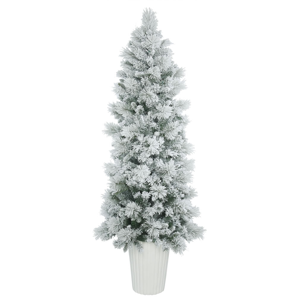 Vickerman 7' Potted Flocked Castle Pine Artificial Christmas Tree Unlit