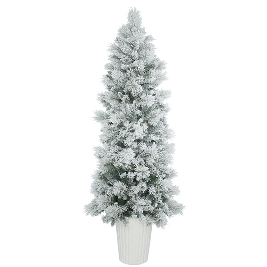 Vickerman 7' Potted Flocked Castle Pine Artificial Christmas Tree Unlit
