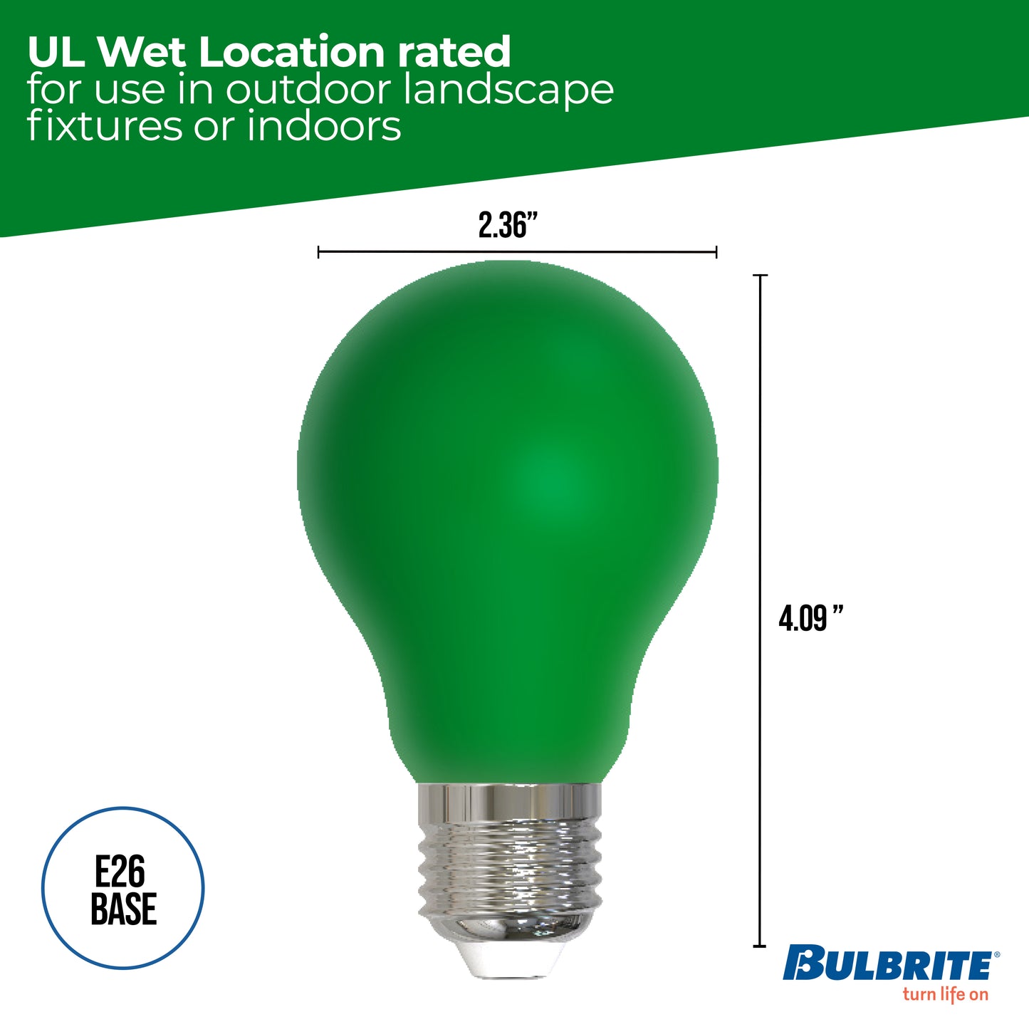 Bulbrite 776108 25-Watt Equivalent Ceramic Green Color A19 Weatherproof Outdoor E26 Medium Base LED Light Bulb