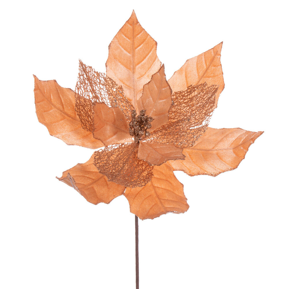 Vickerman 11" Rose Gold Velvet and Glitter Mesh Poinsettia Flower on Stem 6 per bag.