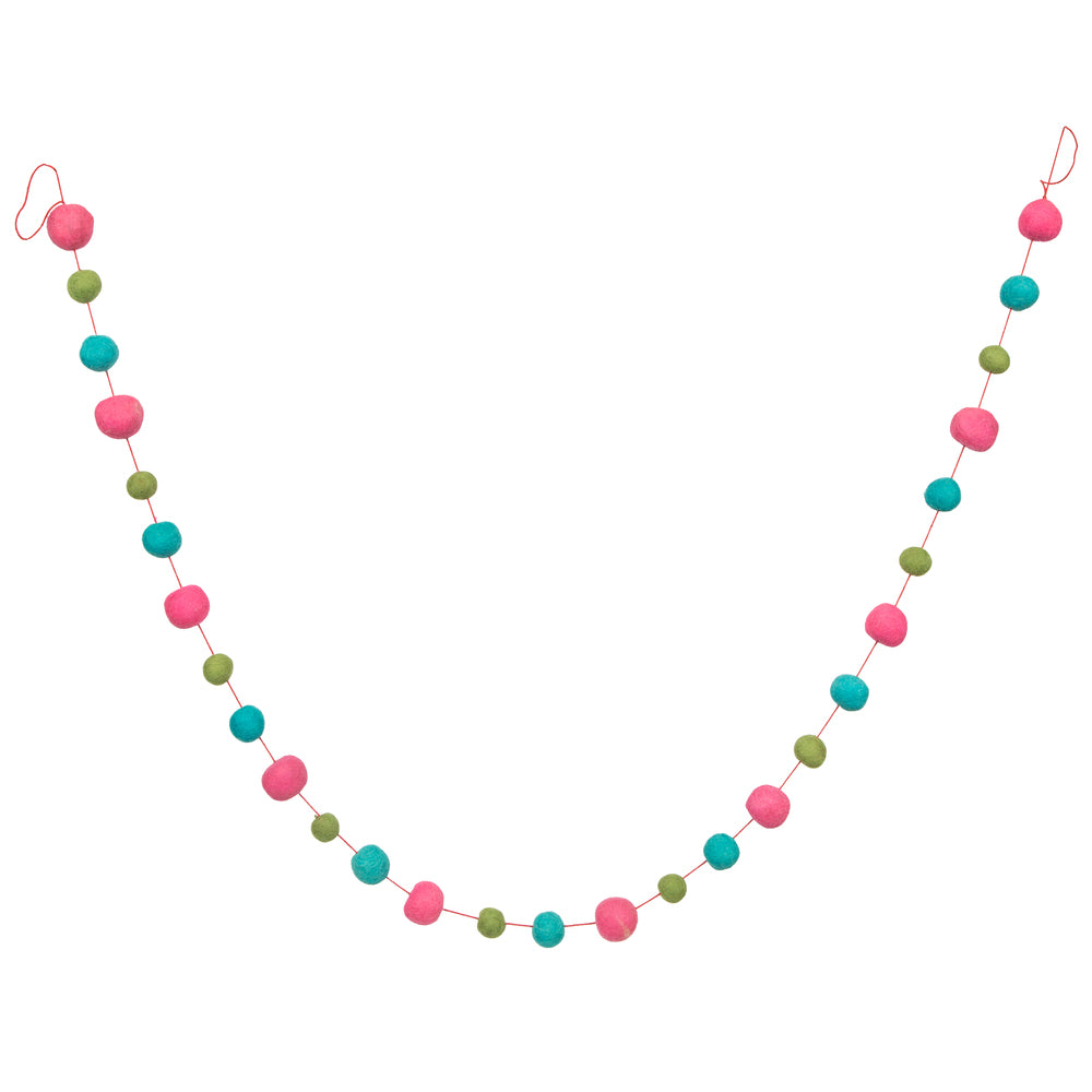 Vickerman 6' Pink Turquoise and Lime Wool Pom Pom Garland