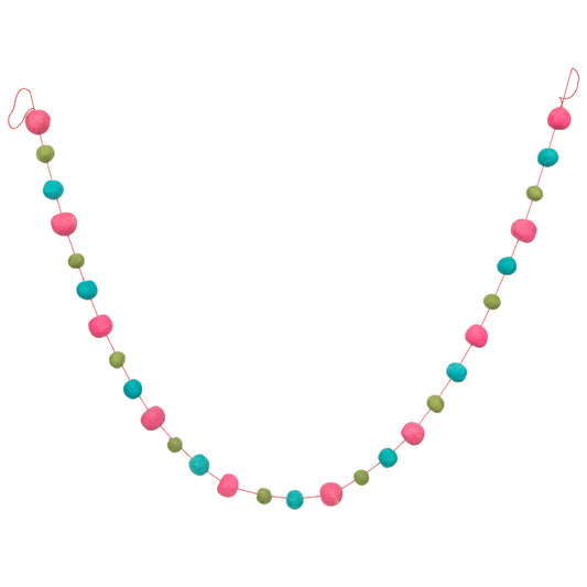 Vickerman 6' Pink Turquoise and Lime Wool Pom Pom Garland