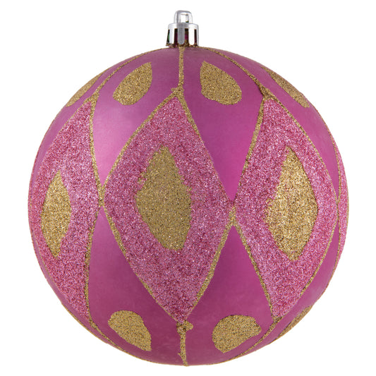 Vickerman 4.75" Mauve Matte Ball with Glitter Diamond Pattern. Add variety and sparkle to your holiday arrangement with this matte ornament that features a glitter pattern. Includes 4 pieces per bag. Made with shatterproof plastic. Ornament has a drilled