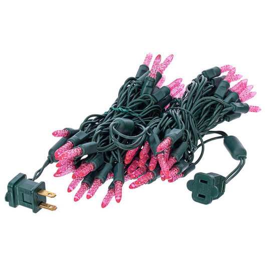 Vickerman 70 Pink M5 Faceted LED Light on Green Wire 4" Spacing x 24' Long Christmas Light Strand