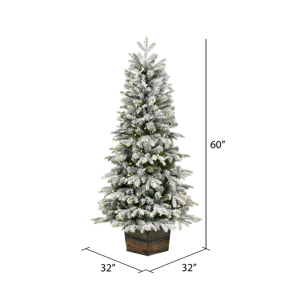 Vickerman 5' x 32" Frosted Wendell Slim Potted Pine Artificial Christmas Tree Warm White LED Lights