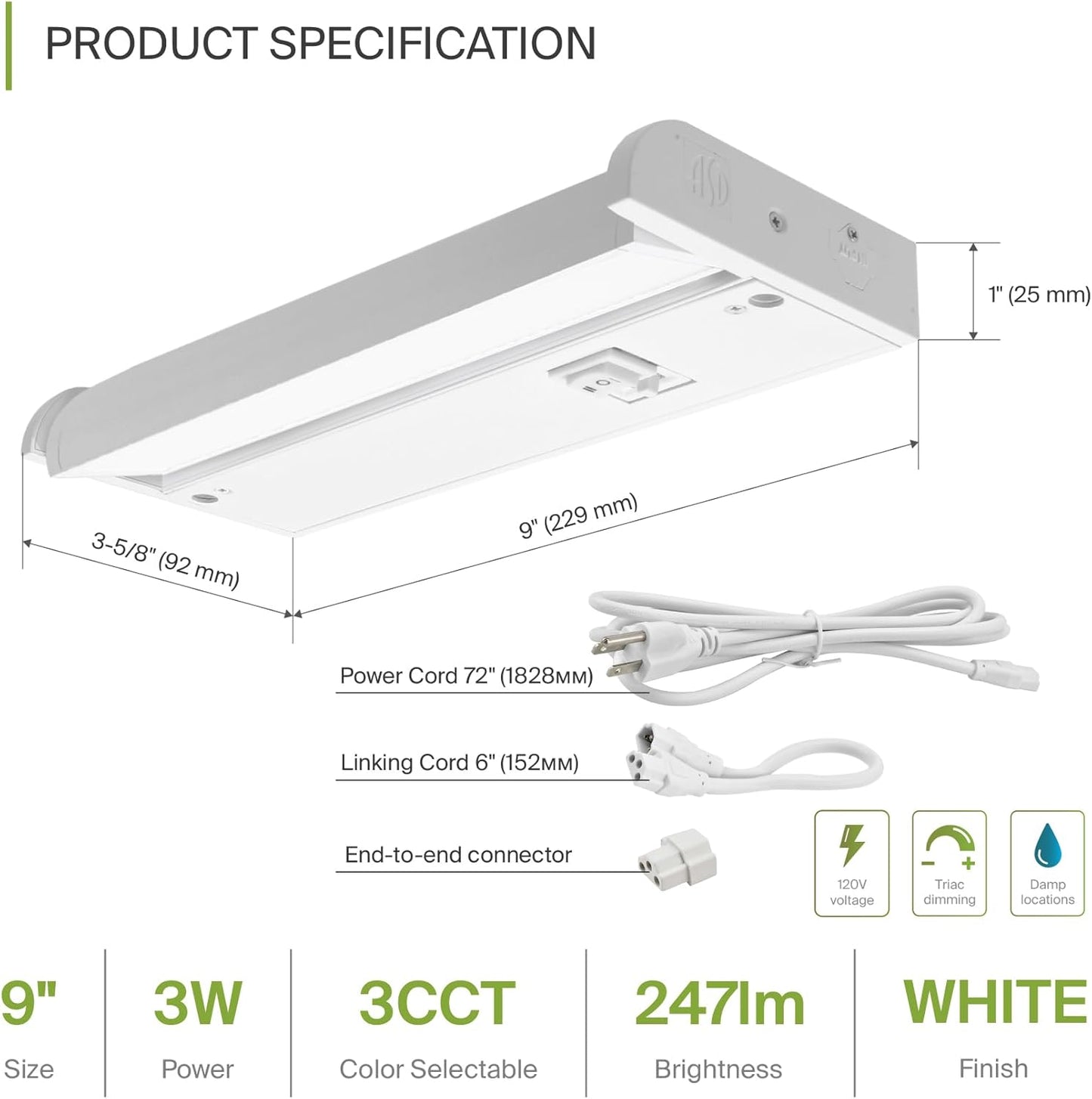 ASD Lighting LED Under Cabinet Swivel 9" 3W 120V Dimmable CCT Selectable 2700/3000/4000K Hardwired or Plug-in, Linkable, Hi/Low Switch, White ETL Energy Star
