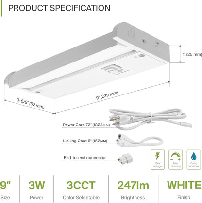 ASD Lighting LED Under Cabinet Swivel 9" 3W 120V Dimmable CCT Selectable 2700/3000/4000K Hardwired or Plug-in, Linkable, Hi/Low Switch, White ETL Energy Star