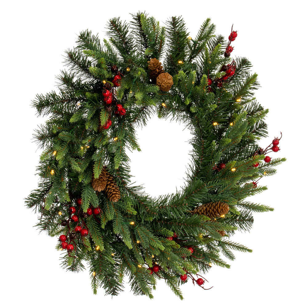 Vickerman 24" Berry Mixed Pine Cone Artificial Pre-Lit Wreath Battery Operated LED Warm White Lights