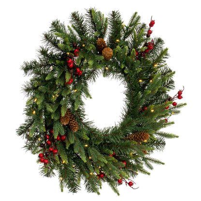 Vickerman 24" Berry Mixed Pine Cone Artificial Pre-Lit Wreath Battery Operated LED Warm White Lights