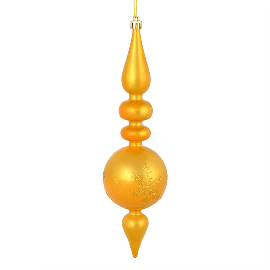 Vickerman 10 by 2.4" Honey Gold Candy Glitter Snowflake Finial 4/Bag. Add some sparkle and shine to your holiday decorating projects with this 10 inch finial ornament. Made with shatterproof plastic. Ornament has a drilled cap secured with green floral wi