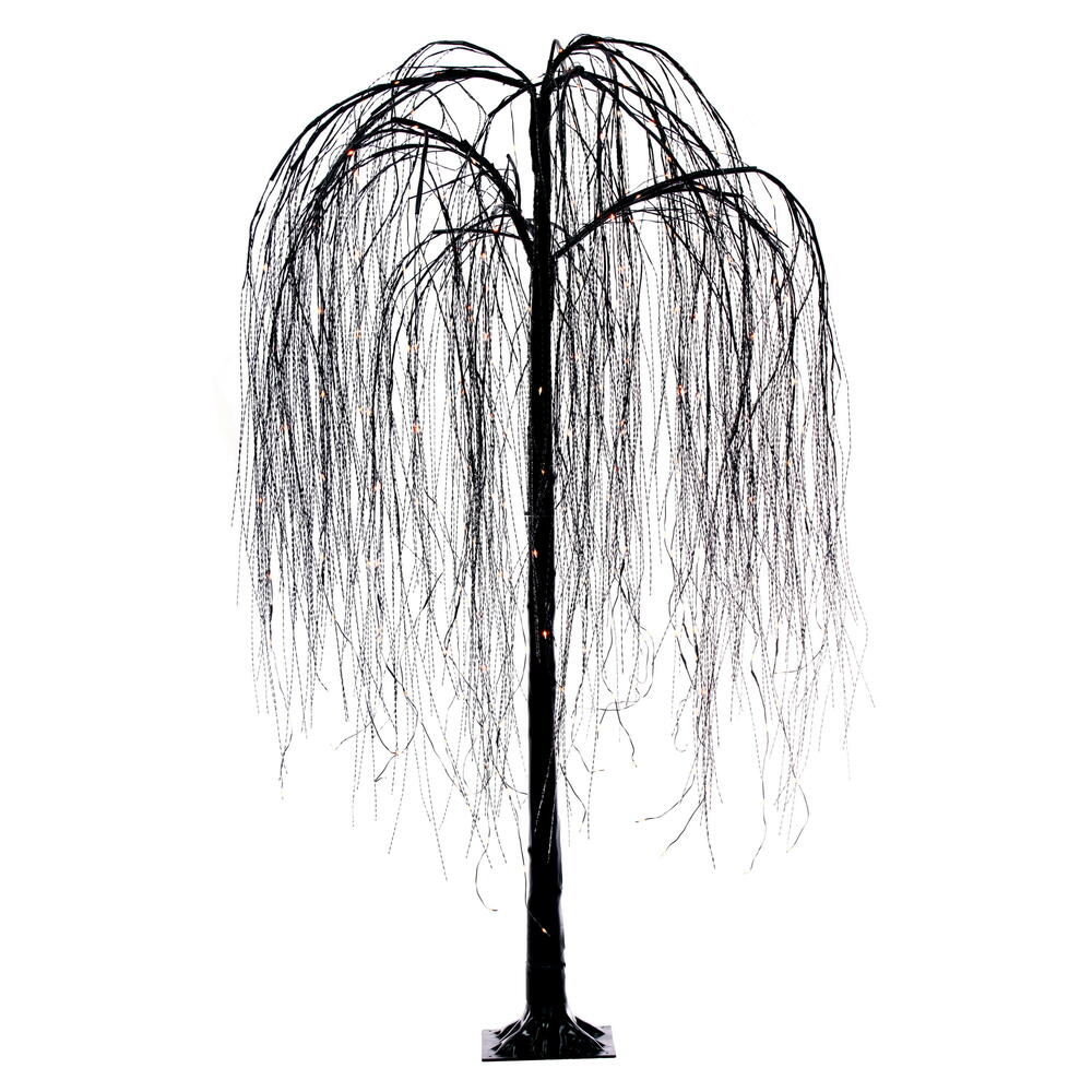 Vickerman 6' x 38" Black Willow Twig Artificial Pre-Lit Halloween Tree with 243 Purple and Orange LED Dot Lights. It measures 72 inches tall, and 38 inches wide, with the branches shaped about parallel to the floor. Pre-lit with 243 Dot LED Lights, the li