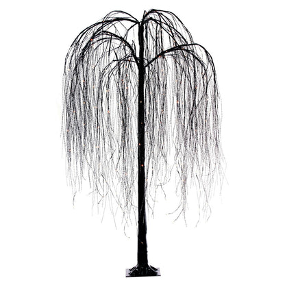 Vickerman 6' x 38" Black Willow Twig Artificial Pre-Lit Halloween Tree with 243 Purple and Orange LED Dot Lights. It measures 72 inches tall, and 38 inches wide, with the branches shaped about parallel to the floor. Pre-lit with 243 Dot LED Lights, the li