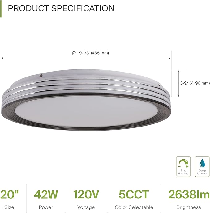 ASD Lighting LED Flushmount Comfort Afina 20" 42W CCT Selectable 2700/3000/3500/4000/5000K Dimmable