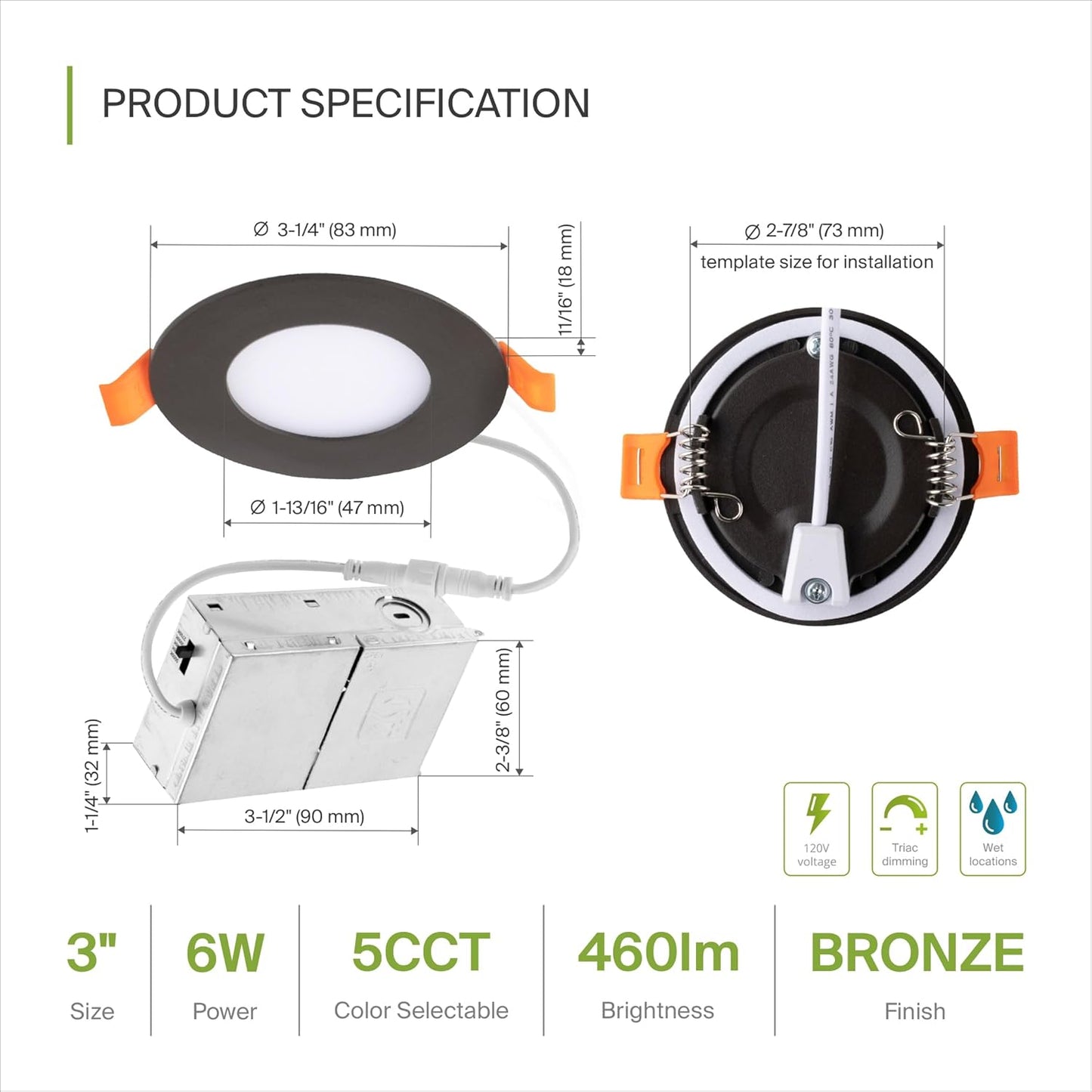 ASD Lighting LED Recessed Mini Panel Round 3inch 6W 120V Triac 2700/3000/3500/4000/5000K Bronze UL Energy Star