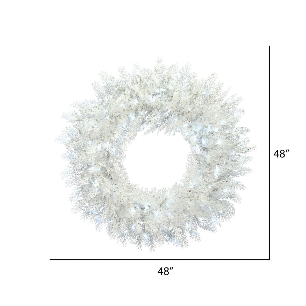 Vickerman 48" Flocked Cedar Pine Artificial Christmas Wreath Low Voltage LED Pure White 3mm Wide Angle Twinkle Lights.