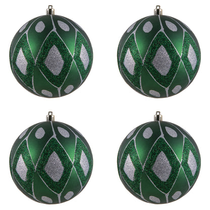 Vickerman 4.75" Emerald Matte Ball with Glitter Diamond Pattern. Add variety and sparkle to your holiday arrangement with this matte ornament that features a glitter pattern. Includes 4 pieces per bag. Made with shatterproof plastic. Ornament has a drille