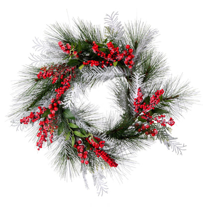 Vickerman 24" Frosted Artificial Christmas Wreath with 31 PE/Hardneedle Tips and Decorated with Red Berries and Green and Frosted Foliage