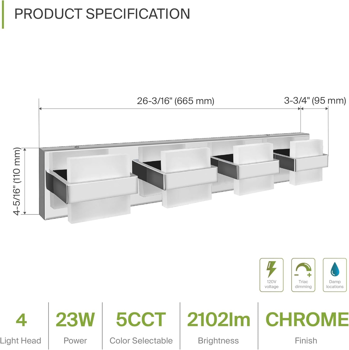 ASD Lighting LED Vanity 4-light 23W 120V CCT Selectable 2700/3000/4000/5000/6000K Dimmable Chrome ETL