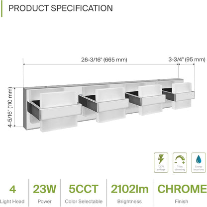 ASD Lighting LED Vanity 4-light 23W 120V CCT Selectable 2700/3000/4000/5000/6000K Dimmable Chrome ETL