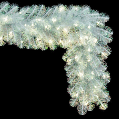 Vickerman 9' x 14" White Iridescent Artificial Pre-Lit Garland with 100 Pure White LED 5MM Lights. It measures 108 inches long and 14 inches wide. This garland boasts 280 PVC tips for a realistic look. Pre-lit with 100 Pure White 5MM, or Wide Angle, Singl