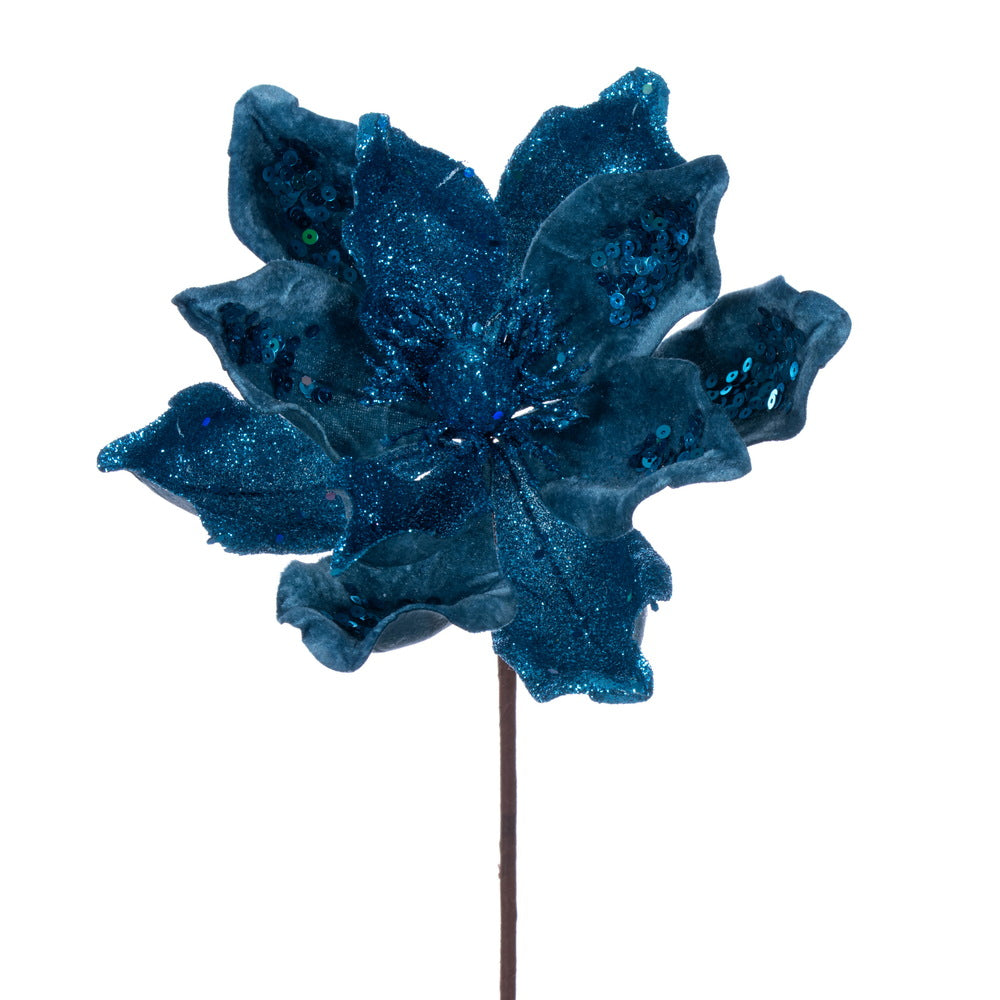 Vickerman 15" Artificial Turquoise Deluxe Magnolia Christmas Stem 8" Flower 6 per bag