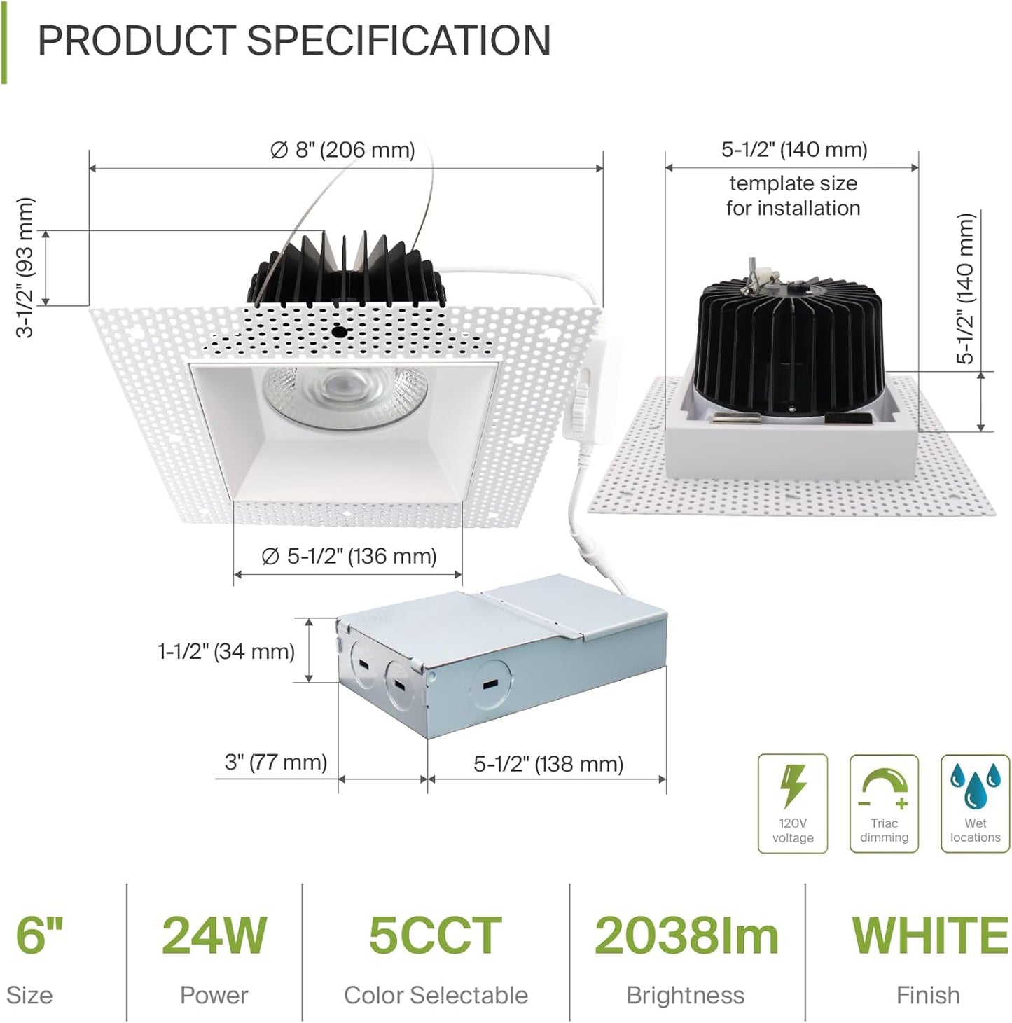 ASD Lighting LED Trimless Downlight Square 6inch 24W 120V Triac 2700/3000/3500/4000/5000K White ETL