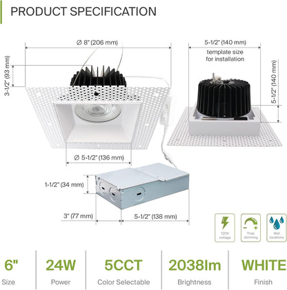 ASD Lighting LED Trimless Downlight Square 6inch 24W 120V Triac 2700/3000/3500/4000/5000K White ETL