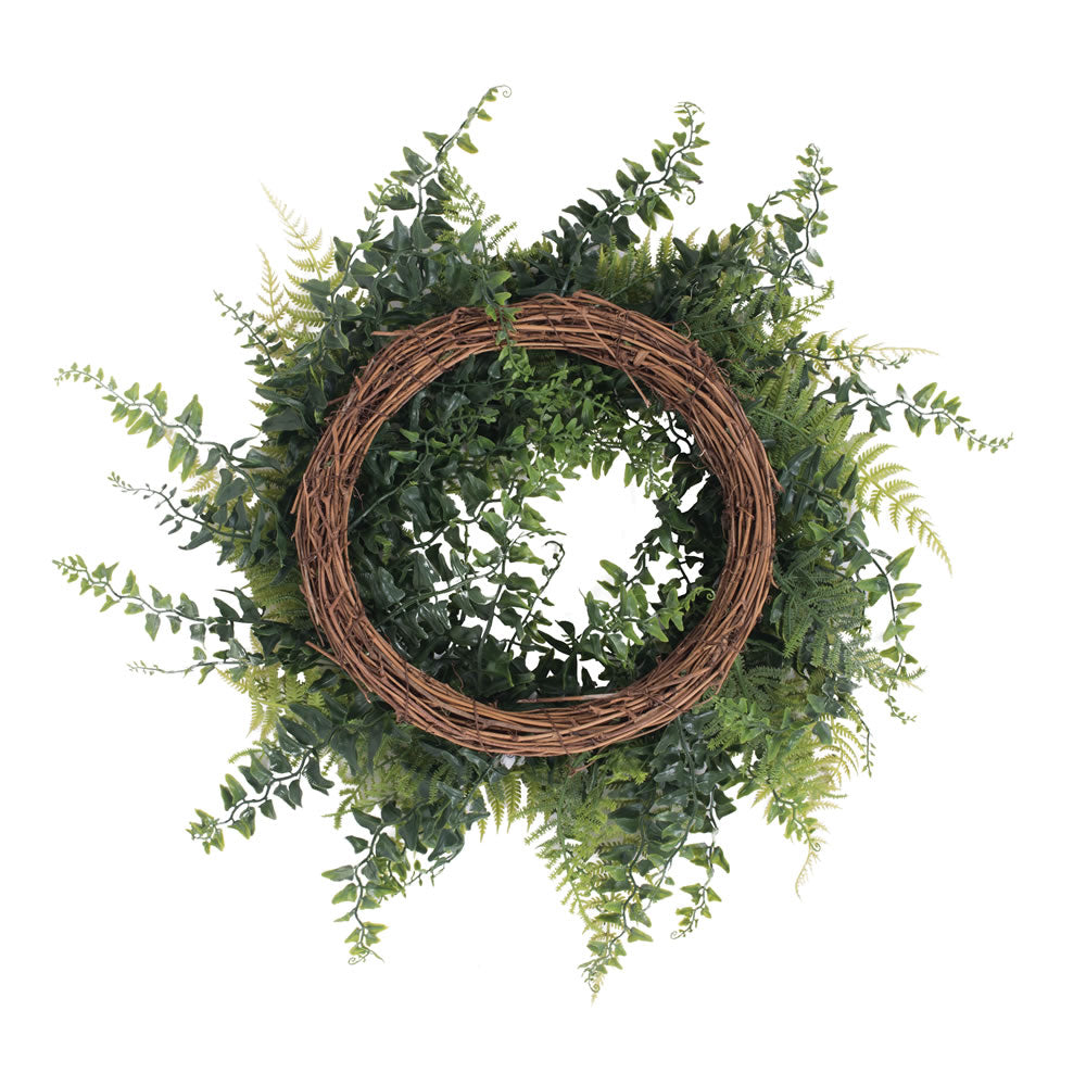 Vickerman 18" Artificial Green Buckler Fern and Grass Wreath.