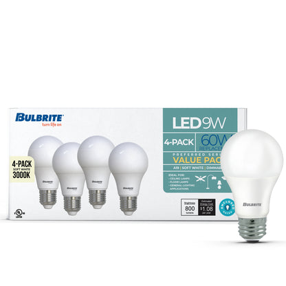 Bulbrite 774254 9W LED A19 60W EQUIV PREFERRED DIMMABLE 3000K E26 120V - 4PK