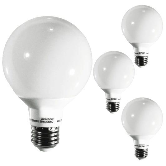Damar- G25 Globe Light Bulbs White Round Vanity LED Lamp 6W 530 Lumens E26 Medium Base 5000K Bright White Dimmable Pack of 4- for Bathroom Makeup Mirror Bedroom