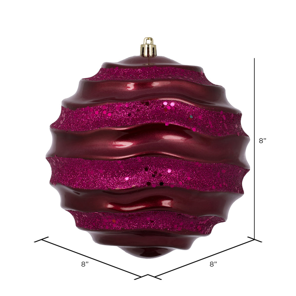 Vickerman 8" Berry Red Stripe Candy Finish Wave Ball Christmas Ornament with Glitter Accents