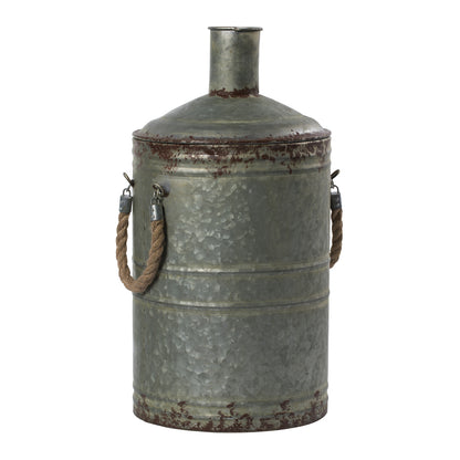 Vickerman 19.5" Rustic Metal Container with Handles. This metal container is the perfect addition to any modern farm style decor. This rustic piece is the perfect addition to any table top setting. It measures 10.5" L x 11" W x 19.5" H.   90% METAL 10% JU