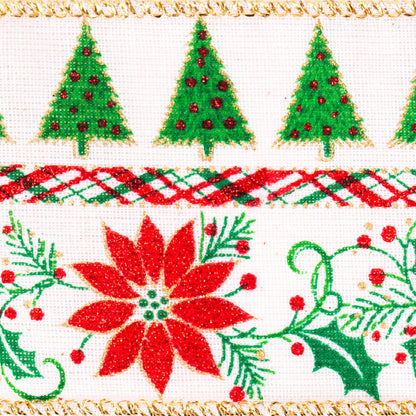 Vickerman 2.5" x 10 Yards White with Nordic Trees and Poinsettias Plaid Ribbon