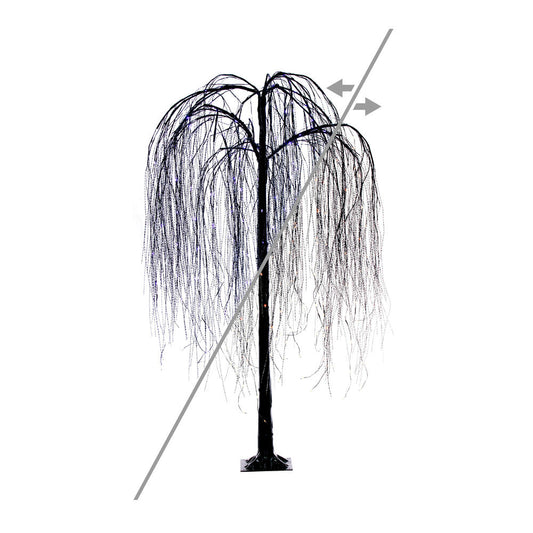 Vickerman 6' x 38" Black Willow Twig Artificial Pre-Lit Halloween Tree with 243 Purple and Orange LED Dot Lights. It measures 72 inches tall, and 38 inches wide, with the branches shaped about parallel to the floor. Pre-lit with 243 Dot LED Lights, the li