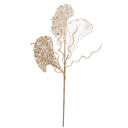 Vickerman 20" Gold Fiddle Leaf Glitter Artificial Christmas Spray. Includes 3 sprays per pack.
