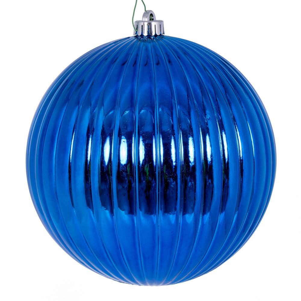 Vickerman 8" Blue Shiny Lined Ball Ornament 1 per Bag.