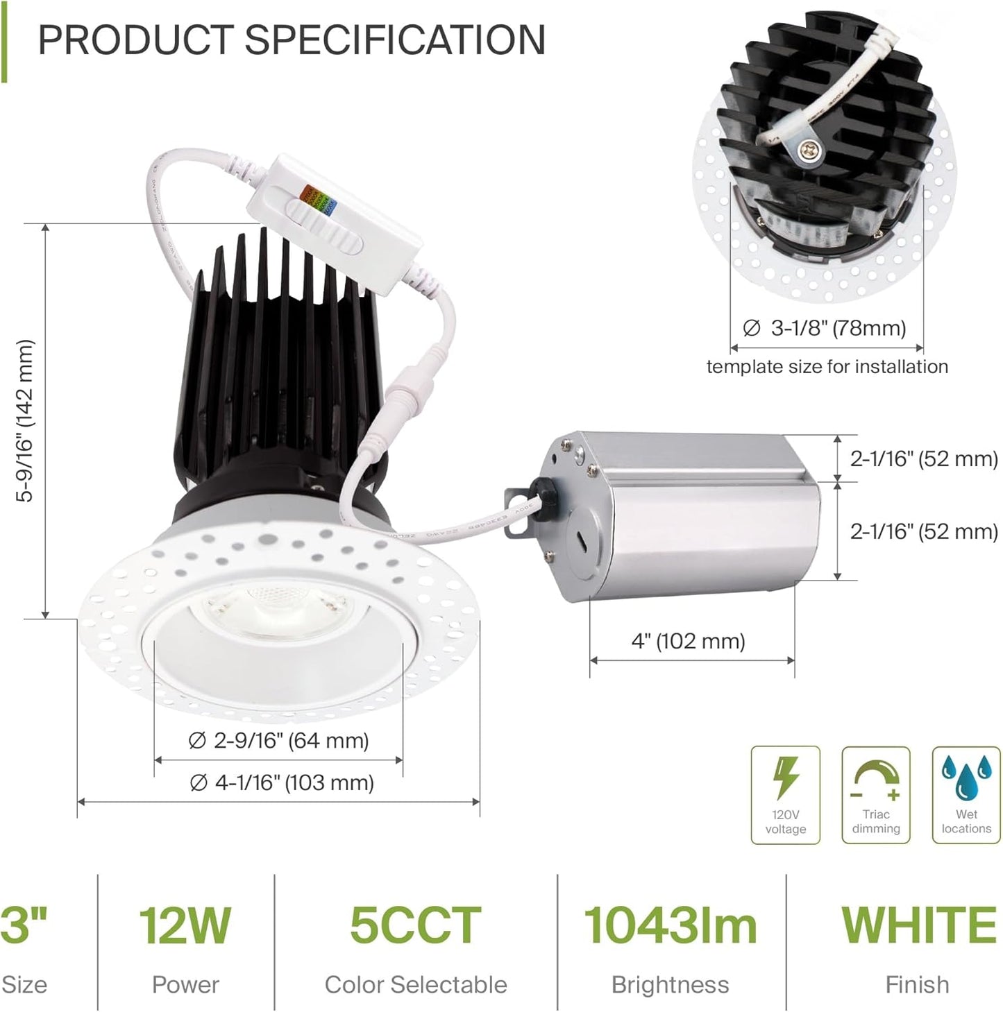 ASD Lighting LED Trimless Downlight Gimbal Round 3inch 12W 120V Triac 2700/3000/3500/4000/5000K White ETL