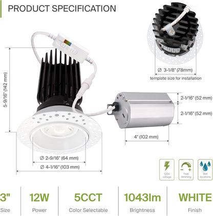 ASD Lighting LED Trimless Downlight Gimbal Round 3inch 12W 120V Triac 2700/3000/3500/4000/5000K White ETL