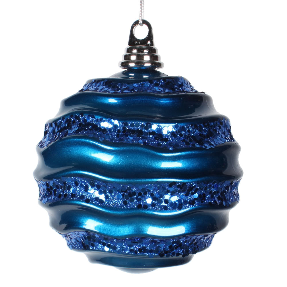 Vickerman 8" Sea Blue Stripe Candy Finish Wave Ball Christmas Ornament with Glitter Accents