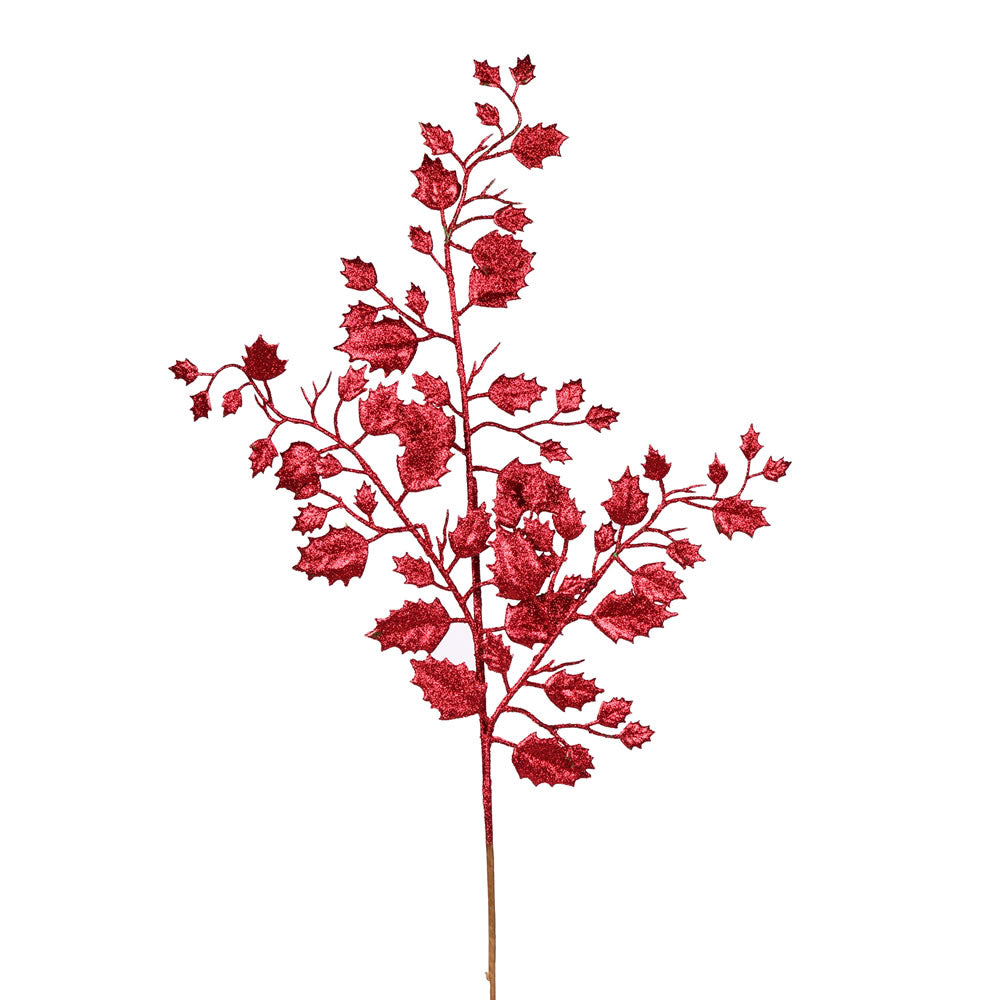 Vickerman 27" Burgundy Glitter Holly Leaf Artificial Christmas Spray. Includes 12 sprays per pack.