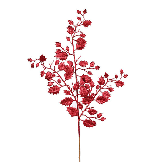Vickerman 27" Burgundy Glitter Holly Leaf Artificial Christmas Spray. Includes 12 sprays per pack.